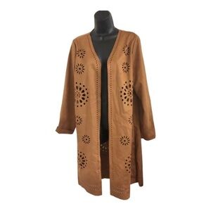 Brown boho laser‎ cut faux suede overcoat topper jacket size large new